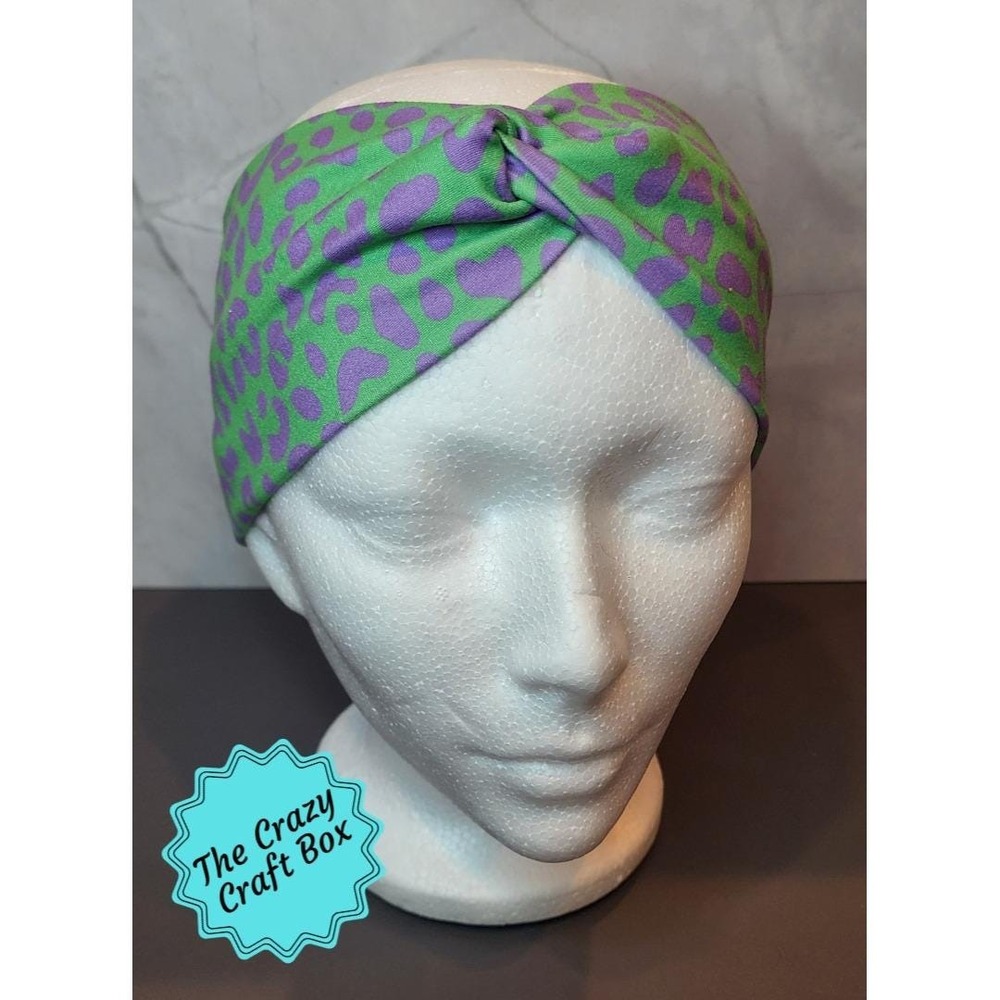 Green & Purple Leopard Print Knotted Headband, Retro Wide‎ Twist Turban Headband